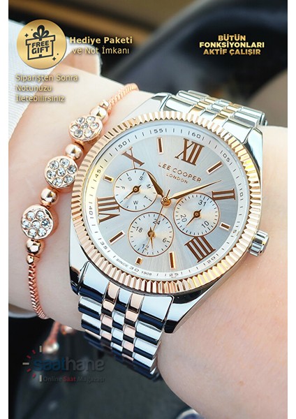 Orijinal Lee Cooper Fonksiyonları Aktif Takvimli Rose Gold Beyaz Gümüş Çelik Kadın Kol Saati