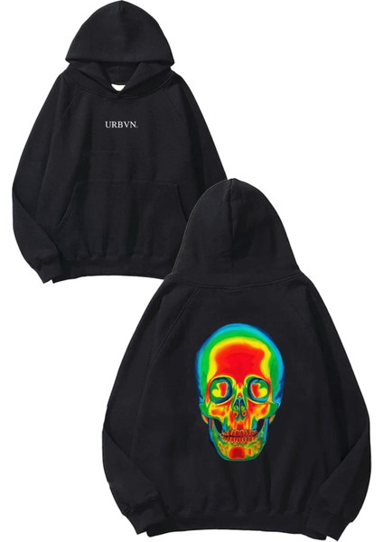 Thermal Skull Tasarım Baskılı Oversize Siyah Kapüşonlu Sweatshirt