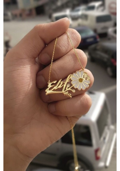 925 Ayar Gümüş 24 Ayar Altın Kaplama Isimli Papatya Figürlü Kolye