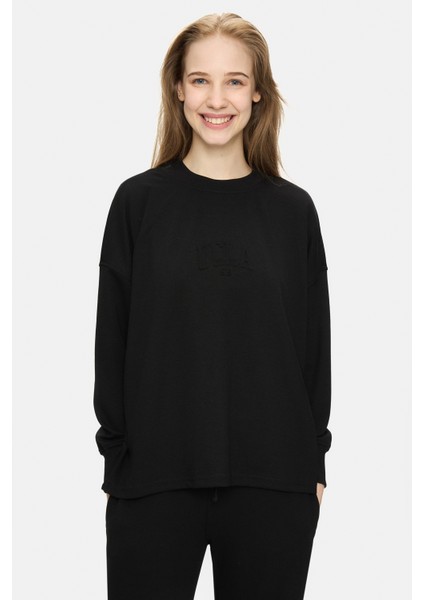 Elowen Siyah Bisiklet Yaka Gofre Baskı Loose Fit Kadın Sweatshirt