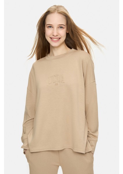 Elowen Bej Bisiklet Yaka Gofre Baskı Loose Fit Kadın Sweatshirt