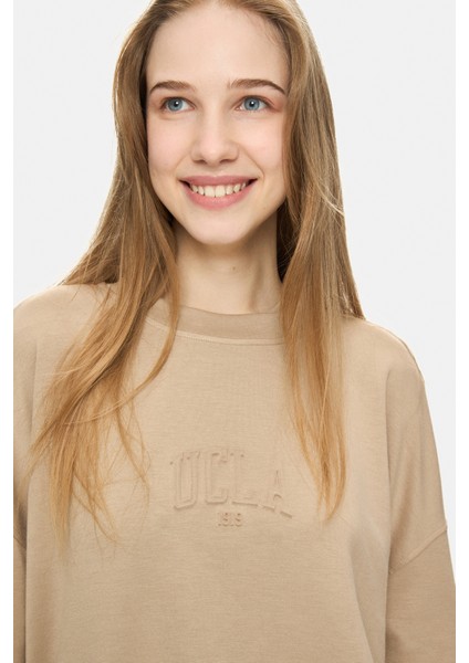 Elowen Bej Bisiklet Yaka Gofre Baskı Loose Fit Kadın Sweatshirt fiyatları