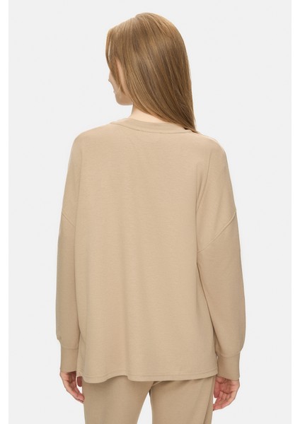 Elowen Bej Bisiklet Yaka Gofre Baskı Loose Fit Kadın Sweatshirt modelleri