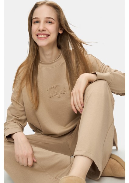 Elowen Bej Bisiklet Yaka Gofre Baskı Loose Fit Kadın Sweatshirt fırsatları