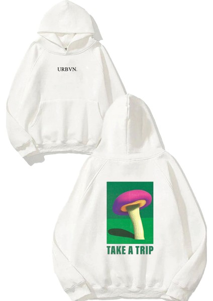 Take A Trip Tasarım Baskılı Oversize Beyaz Kapüşonlu Sweatshirt