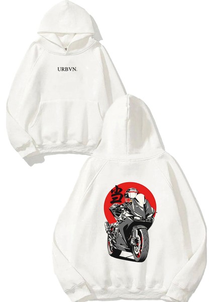 Chinese Racing Tasarım Baskılı Oversize Beyaz Kapüşonlu Sweatshirt