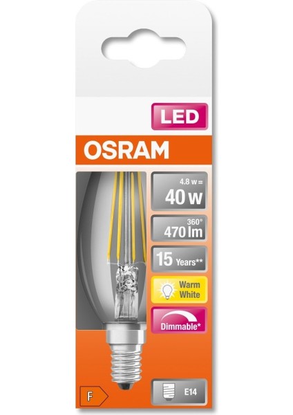LED Flament 4.8W 2700K 470LM E14 Duy Sarı Işık Dim Edilebilir Ampul