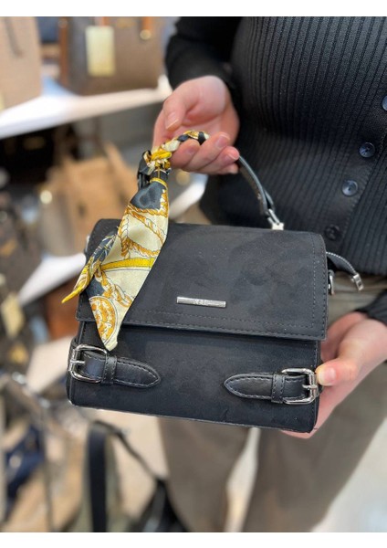 siyah süet Çanta,toka Detaylı,üç Bölmeli,geniş Siyah Süet Bayan El ve Çapraz Çantası