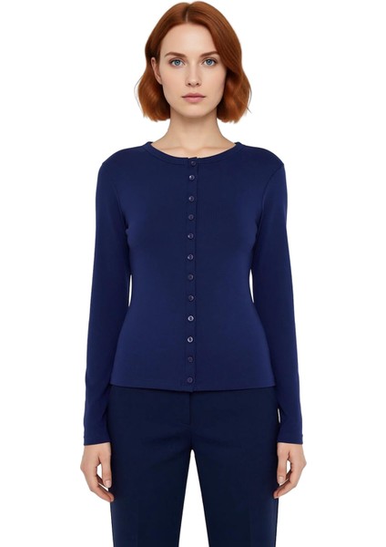 Kadın Uzun Kollu Düğmeli Ribana Örme Üst Kaliteli Şık Rahat Modern Zarif Günlük