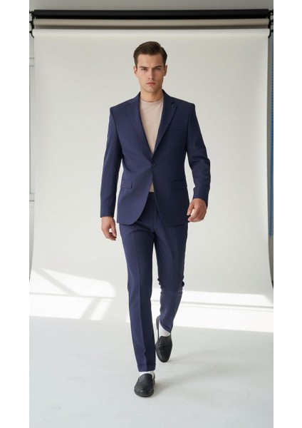 Erkek Lacivert Tek Düğme Slim Fit Takım Elbise - Şık Ofis ve Davet Kombini