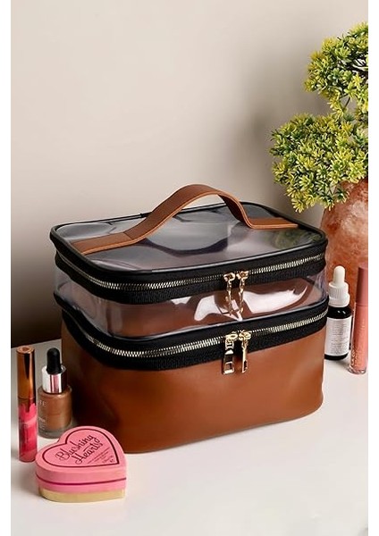 Taba Deri Kadın Makyaj Çantası Şeffaf Pratik Şık Çift Bölmeli Fermuarlı Kozmetik Makyaj Organizeri fiyatları