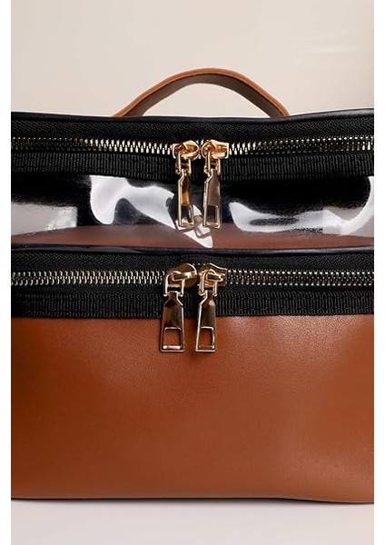 Taba Deri Kadın Makyaj Çantası Şeffaf Pratik Şık Çift Bölmeli Fermuarlı Kozmetik Makyaj Organizeri modelleri