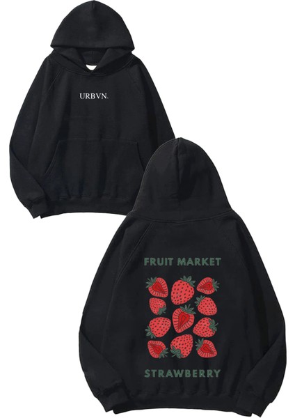 Fruit Market Tasarım Baskılı Oversize Siyah Kapüşonlu Sweatshirt