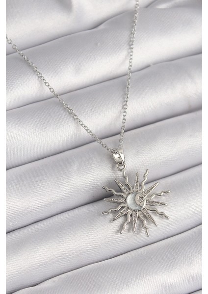 Bfs 316L Çelik Gümüş Renk Zincir Zirkon Taşlı Yıldız Model Sedefli Ay Işleme Detay Kadın