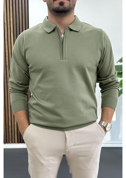Erkek Yarım Fermuarlı Düz Desen Polo Yaka Kazak Haki EDW424