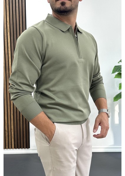 Erkek Yarım Fermuarlı Düz Desen Polo Yaka Kazak Haki EDW424 fiyatları