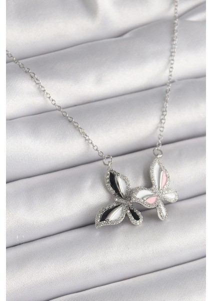 Bfs 316L Çelik Gümüş Renk Zincir Zirkon Taşlı Renkli Kelebek Model Kadın Kolye