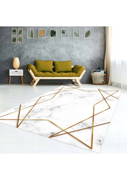 Gold Detay Mermer Desenli , Modern Yıkanabilir, Lastikli Halı Örtüsü
