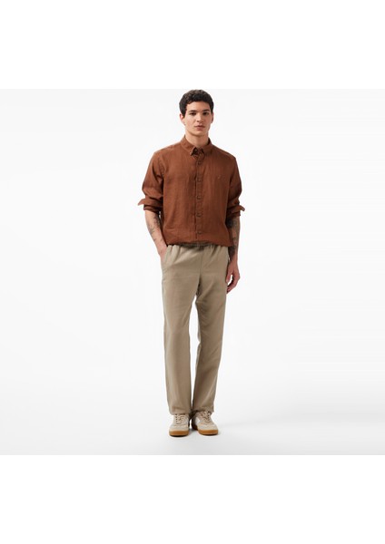 Erkek Kahverengi Classic Fit Uzun Kollu Keten Gömlek W35101T.2CC