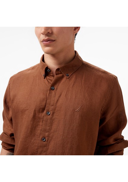 Erkek Kahverengi Classic Fit Uzun Kollu Keten Gömlek W35101T.2CC