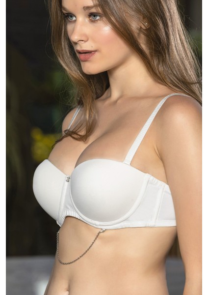 Ekru Sütyen Zincir Detaylı Askısı Çıkarılabilir Push-Up Sütyen, Kadın Iç Giyim