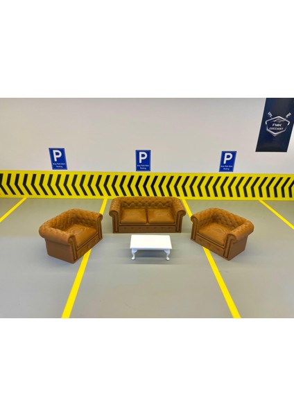 1:18 Ölçek Chester Koltuk Takımı 4’lü Set – Diorama Model Araba Aksesuarı – Garaj ve Showroom Dekoru – Kahverengi