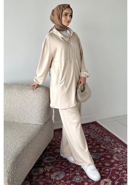 Ön Fermuarlı Kapüşonlu Tunik Bel Lastikli Pantolon Tesettür Ikili Takım P-00018943