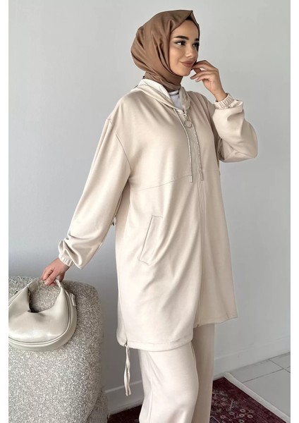 Ön Fermuarlı Kapüşonlu Tunik Bel Lastikli Pantolon Tesettür Ikili Takım P-00018943 fiyatları