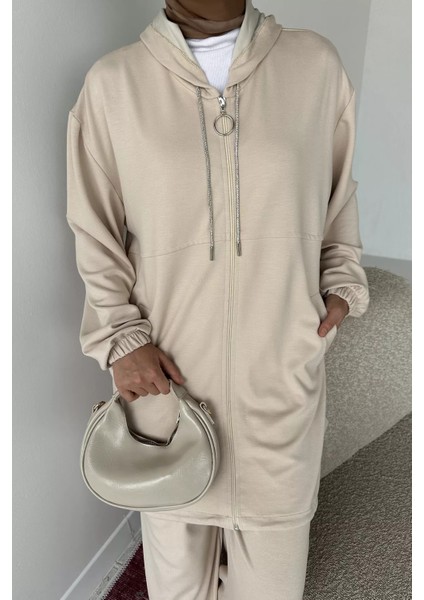 Ön Fermuarlı Kapüşonlu Tunik Bel Lastikli Pantolon Tesettür Ikili Takım P-00018943 modelleri