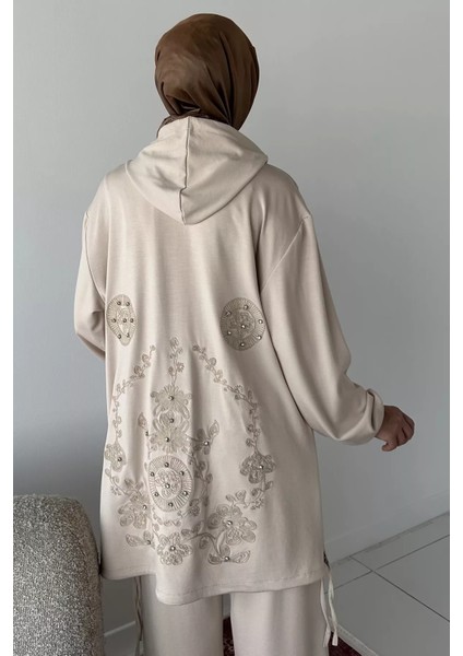 Ön Fermuarlı Kapüşonlu Tunik Bel Lastikli Pantolon Tesettür Ikili Takım P-00018943 fırsatları