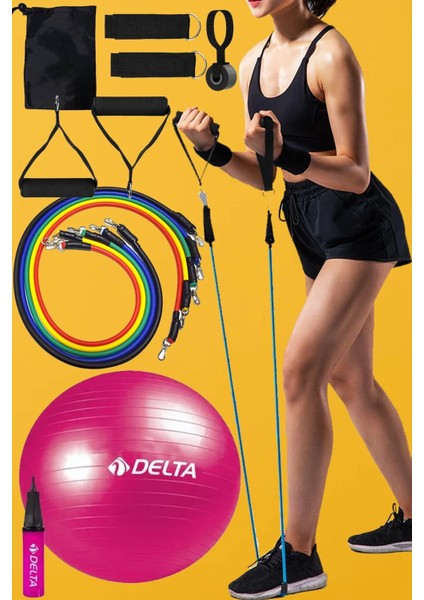 Çantalı 13 Parça 5 Farklı Direnç Kapı Arkası Pilates Güç Lastiği ve Pilates Topu Pompa Seti