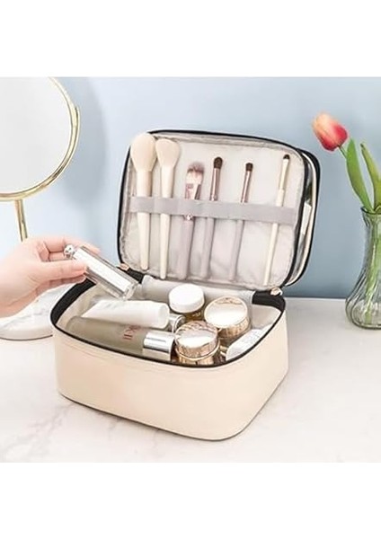 Bej Deri Kadın Makyaj Çantası Şeffaf Pratik Şık Çift Bölmeli Fermuarlı Kozmetik Makyaj Organizeri fırsatları