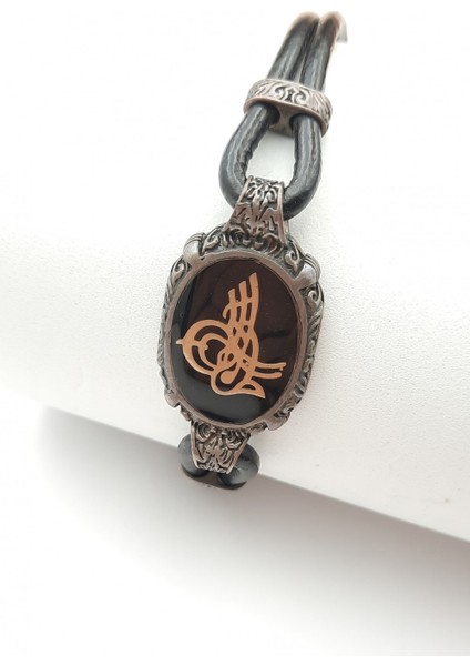 Tuğra Motifli Tasarım Gümüş-Deri Bileklik