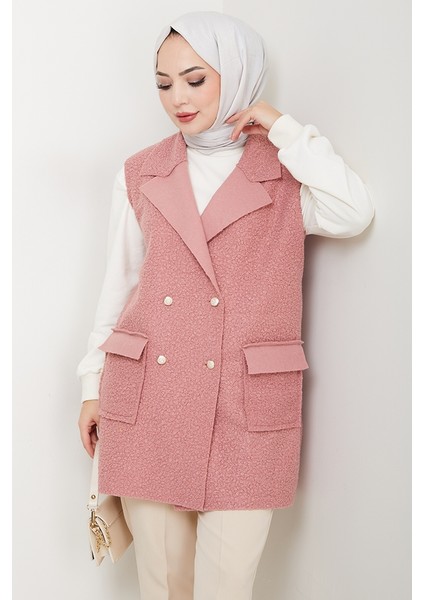 Kapak Cepli Düğmeli Yelek 1649 - Pembe