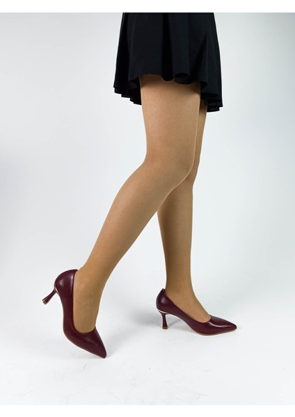 Bordo Renk Yumuşak Cilt Deri Ince Kadeh Topuk Sivri Burun Kadın Stiletto