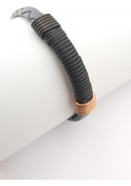 Örme Deri Ip Detaylı Çelik-Deri Bileklik