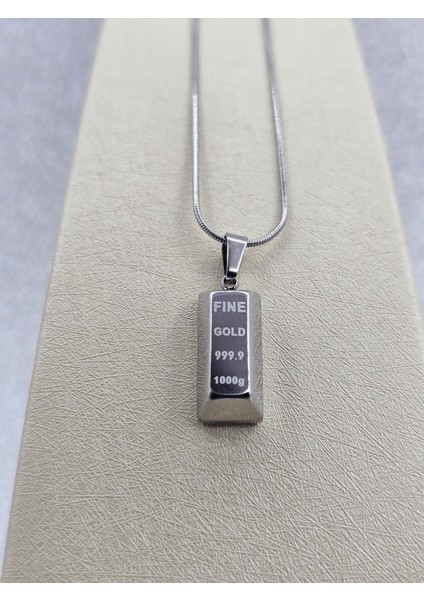 Külçe Model Çelik Kolye Gümüş Renk ( Büyük Boy )