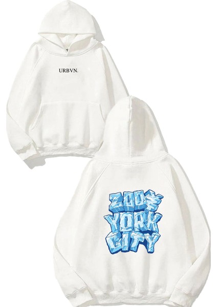 City 1 Tasarım Baskılı Oversize Beyaz Kapüşonlu Sweatshirt