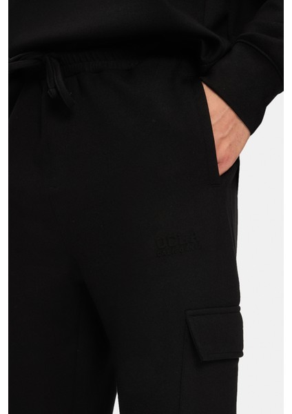 Daley Siyah Kargo Cepli Gofre Baskı Standard Fit Erkek Eşofman Alt modelleri