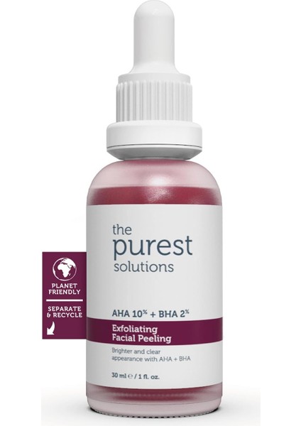 The Purest Solutions, Aha & Bha Canlandırıcı & Cilt Tonu Eşitleyici Kırmızı Peeling Cilt Bakım Serumu 30 ml (Aha 10% + Bha 2%)
