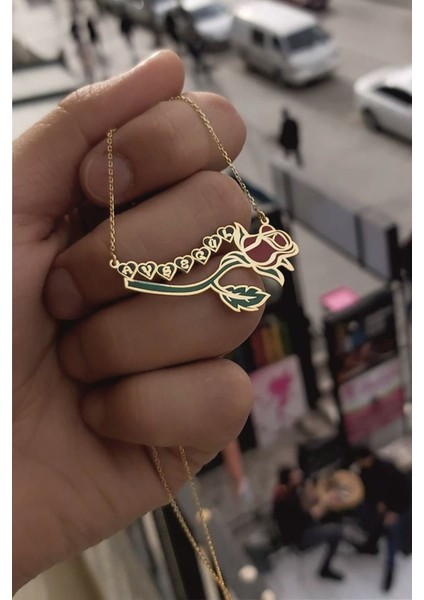 925 Ayar Gümüş 24 Ayar Altın Kaplama Isimli Kalpli Gül Kolye