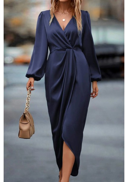 Kadın Lacivert Kruvaze Yaka Kol ve Bel Lastik Büzgülü Drapeli Saten Abiye Elbise