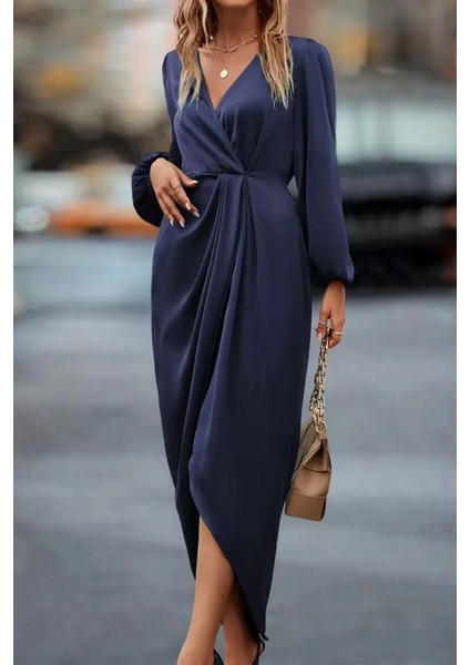 Kadın Lacivert Kruvaze Yaka Kol ve Bel Lastik Büzgülü Drapeli Saten Abiye Elbise modelleri