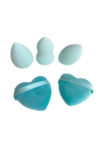 5 Adet Güzellik Makyaj Süngeri Seti 3 Adet Sünger + 2 Adet Kalpli Pudra Fondöten Bb Krem Uygulama Aparatı Yıkanabilir Sünger -Puff Yeşil