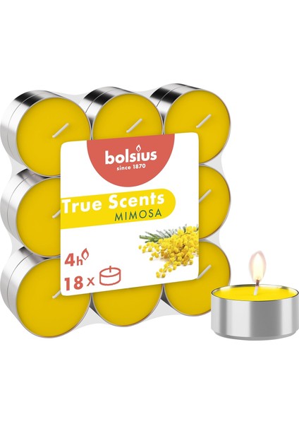 Kokulu Tealight Mum, Mimosa Kokulu, Sarı Renkli, 18&apos;li Paket, 4 Saatlik Uzun Yanma Süresi - Ev Mumu - Iç Dekorasyon - Özler - Vegan Içerir - Yağı Içermez