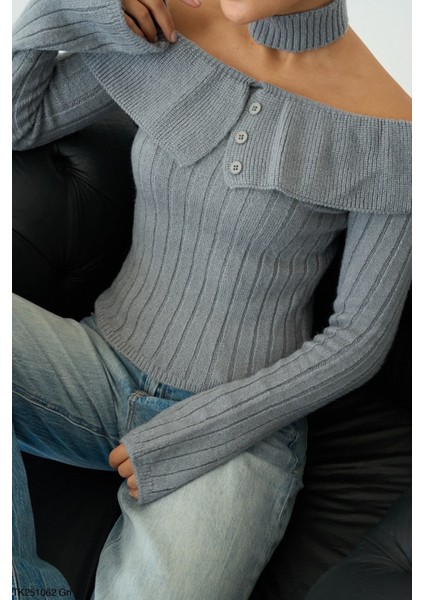 Kadın Boğaz Detaylı Omuz Dekolteli Triko Kazak fiyatları
