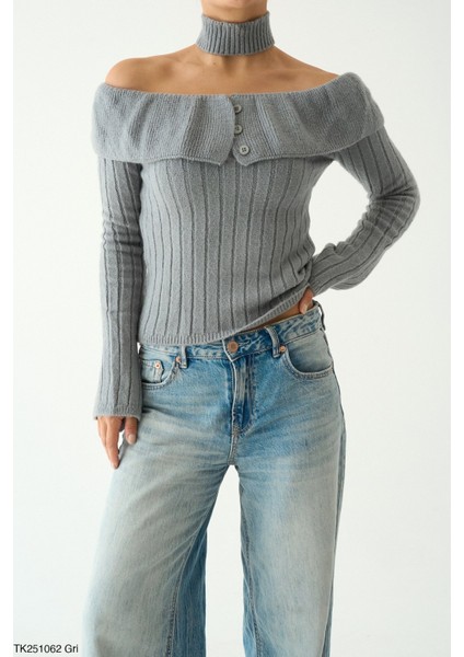 Kadın Boğaz Detaylı Omuz Dekolteli Triko Kazak modelleri