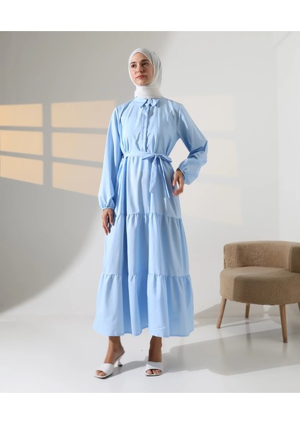 Kadın 100% Pamuk Viskon Desenli Mavi Tesettür Elbise