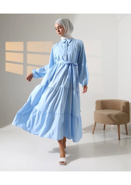 Kadın 100% Pamuk Viskon Desenli Mavi Tesettür Elbise modelleri