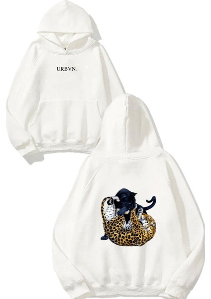 Leopar Panther Tasarım Baskılı Oversize Beyaz Kapüşonlu Sweatshirt